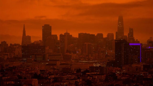 smoke and red sky over san francisco
