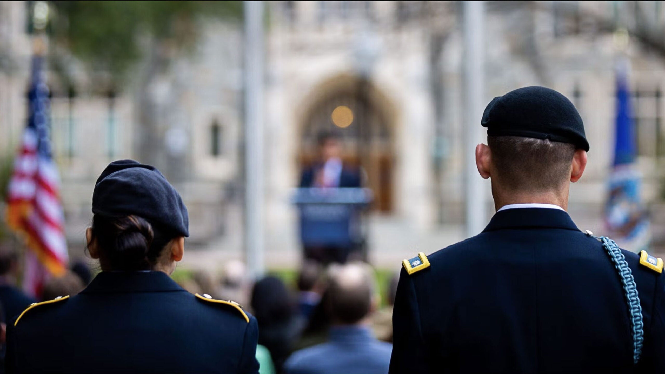 veterans facing healy hall at graduation
