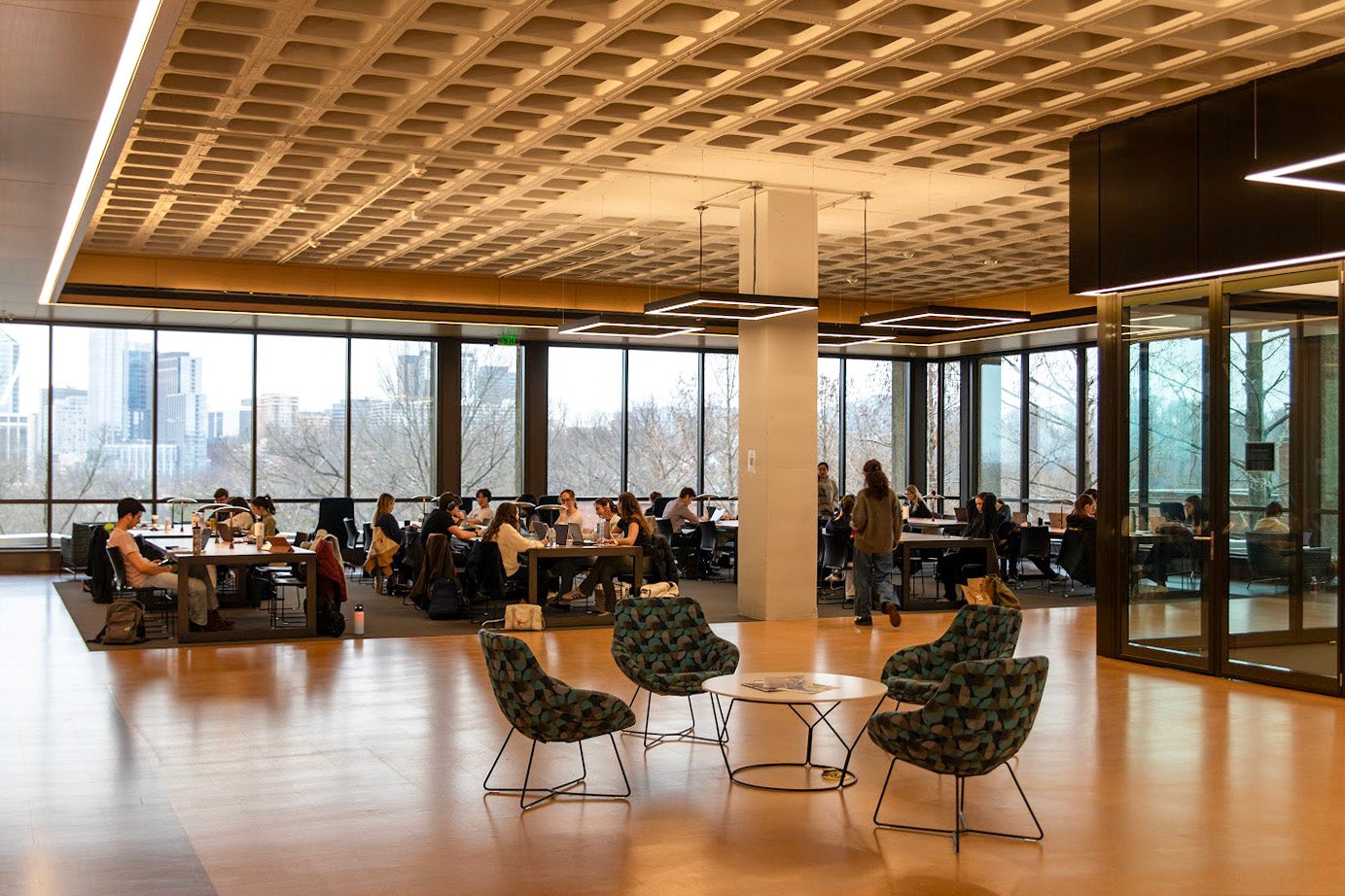 view of the pierce reading room with students sitting in chairs