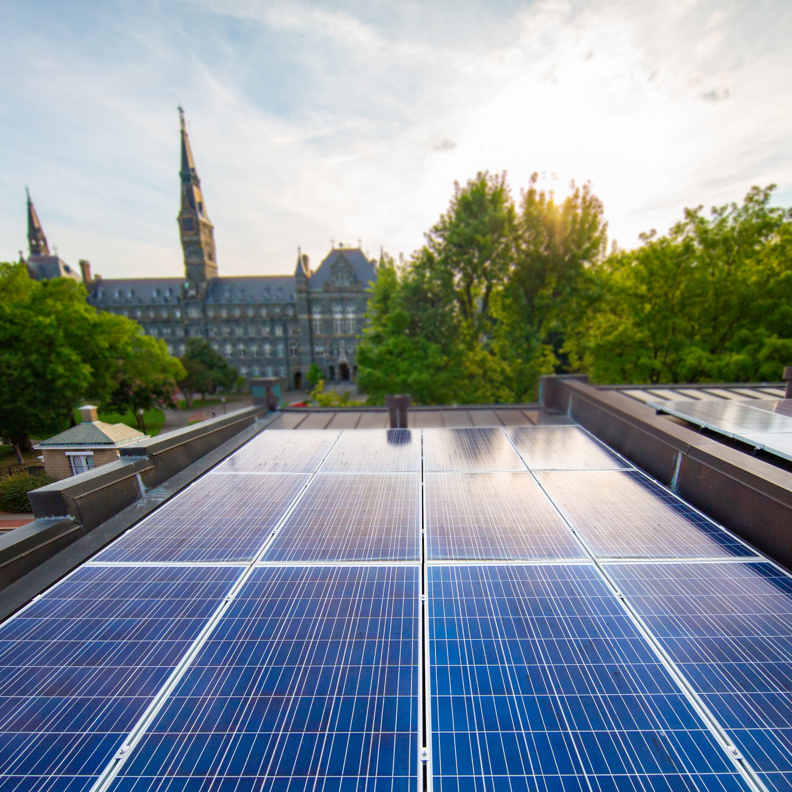 solar panels at georgetown with healy hall in the background